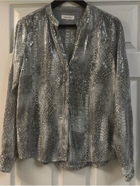 Calvin Klein Silver Gray Sequin Snake-Print Button-Down Blouse
